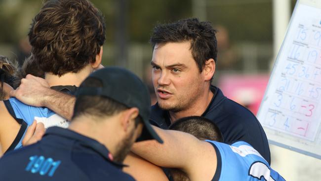 Nathan Grima addresses his players while coaching Sturt during a SANFL. Picture: Dean Martin