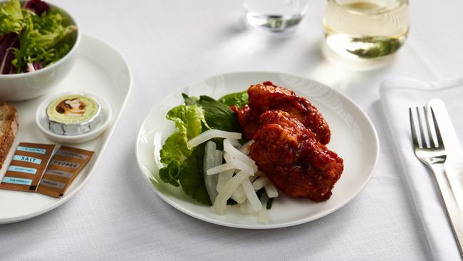 Korean fried Bannockburn chicken with pickled radish for international business passengers. Picture: Supplied