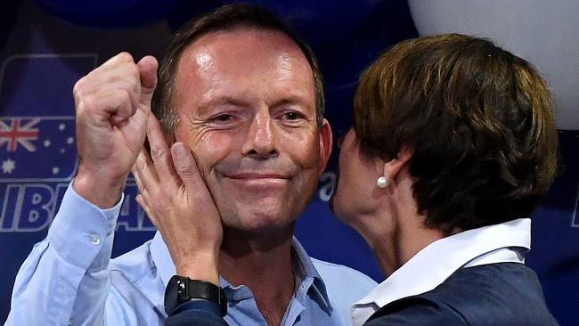 Former prime minister and Warringah Liberal candidate Tony Abbott with wife Margie after conceding defeat on Saturday, May 18. Picture: Bianca De Marchi/AAP