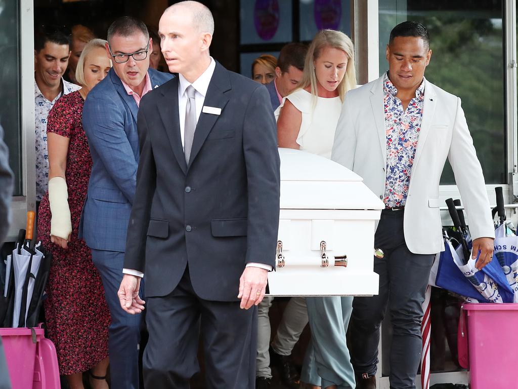 Pallbearers at the funeral for Hannah Clarke and her three children, Aaliyah, Laianah and Trey in Brisbane. Picture: Liam Kidston