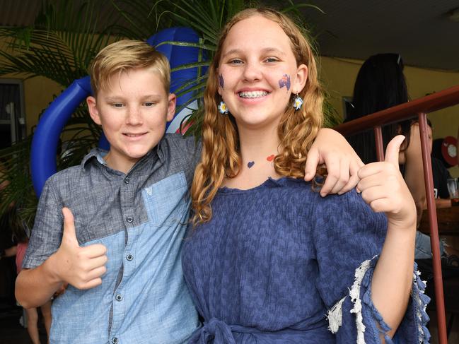 Odin Stevens, 12, and Nissa Stevens, 15, celebrate Australia Day at the Berry Springs Tavern. Picture: Katrina Bridgeford.