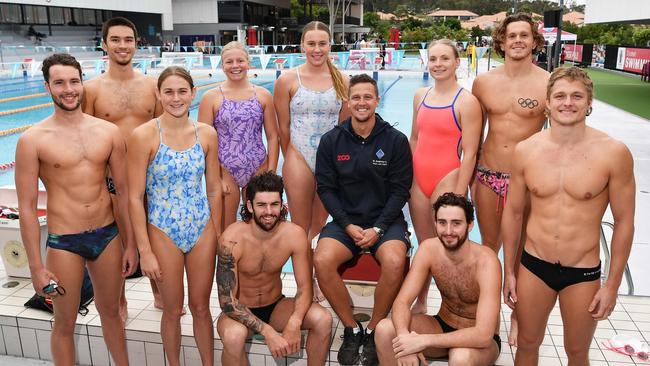 Sunshine Coast swimming athletes, pictured with coach Ash Delaney (centre), will be heading to the World Championship trials in mid June. Picture: Patrick Woods.