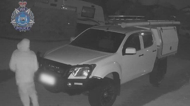 Home security cameras have captured the moment three thieves stole a ute from a Perth home. Picture: Western Australia Police