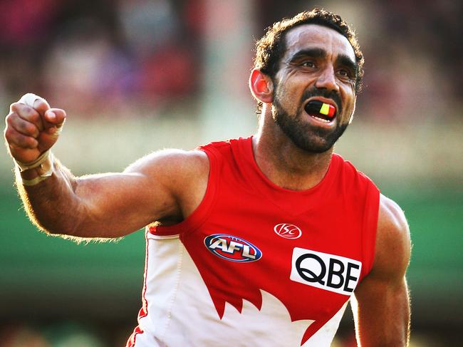 07.08.2010 - Adam Goodes celebrates goal during Sydney Swans v Hawthorn AFL game at the SCG in Sydney. Picture. Phil Hillyard The Final Quarter - The documentary on the final 3 years of the career of Adam Goodes of the Sydney Swans. Picture.