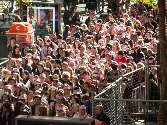 Crowds near Pitt St Pall hoping to get in to see Margot Robbie and her Barbie co-stars America Ferrera and Issa Rae and filmmaker Greta Gerwig. Picture: Julian Andrews