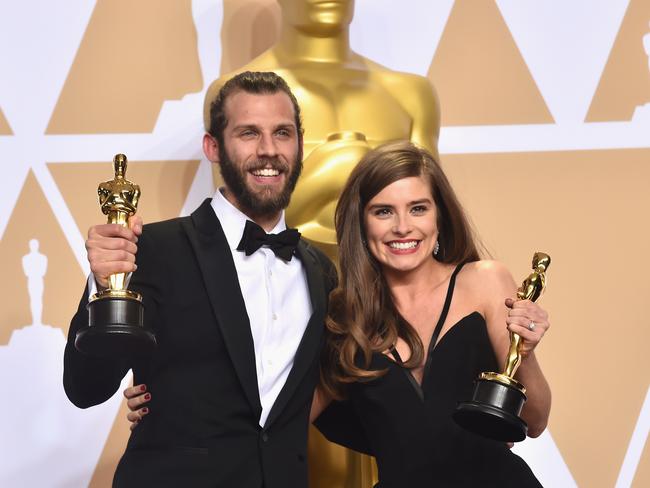 Filmmakers Chris Overton and Rachel Shenton, winners of the Live Action Short Film award. Picture: Getty