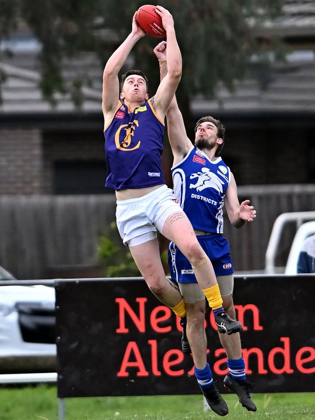 EDFL: Jacana’s Kelton Overend marks. Picture: Andy Brownbill