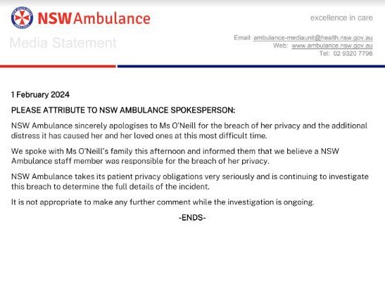 The statement issued by NSW Ambulance this afternoon.