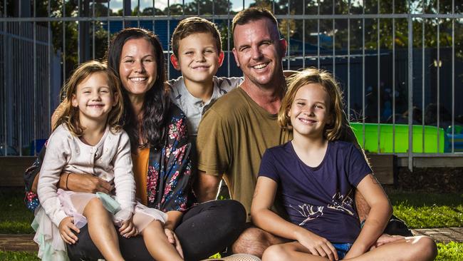 Gold Coast film industry identity Jed Cahill has died. He’s pictured in March 2021 with wife Jacinta and children Willow, Max and Ruby. Picture: Nigel Hallett