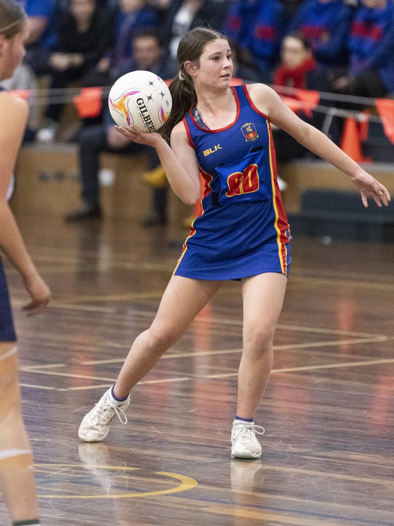 Camille Wade of Downlands Junior B against St Ursula's Junior B in Merici-Chevalier Cup netball at Salo Centre, Friday, July 19, 2024. Picture: Kevin Farmer