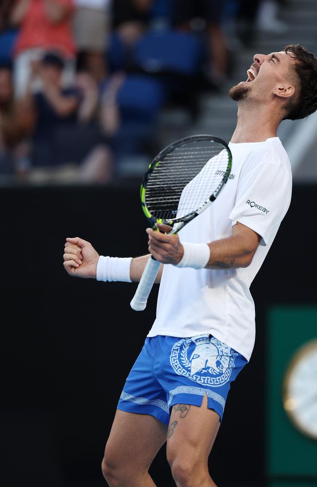 Thanasi Kokkinakis celebrates his win against Roman Safiullin on Kia Arena. Picture: Mark Stewart