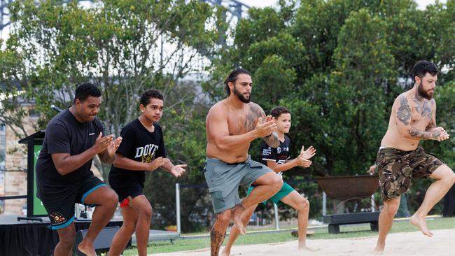 Rehearsing for the WugulOra Morning Ceremony at Barangaroo. Picture: David Swift.