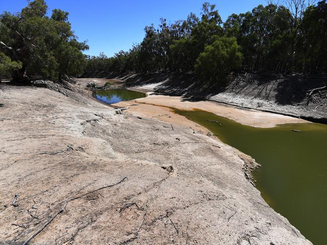 The dry river bed of the Darling River near Pooncarie,in February 2019. Picture: AAP Image/Dean Lewins