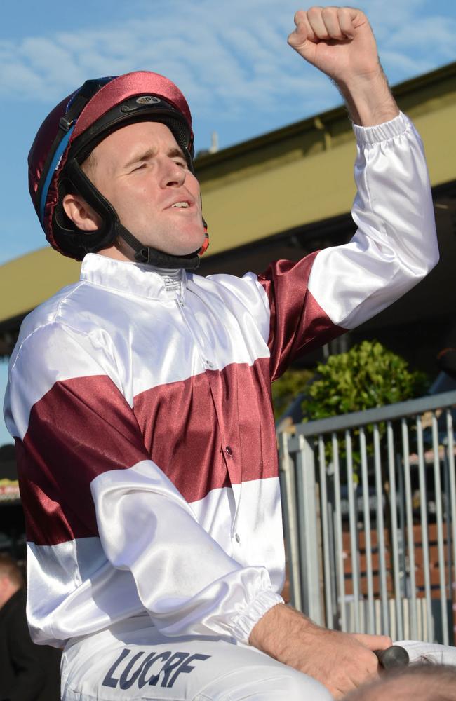 Jockey Tommy Berry celebrates his victory aboard Eagle Way. Picture: AAP