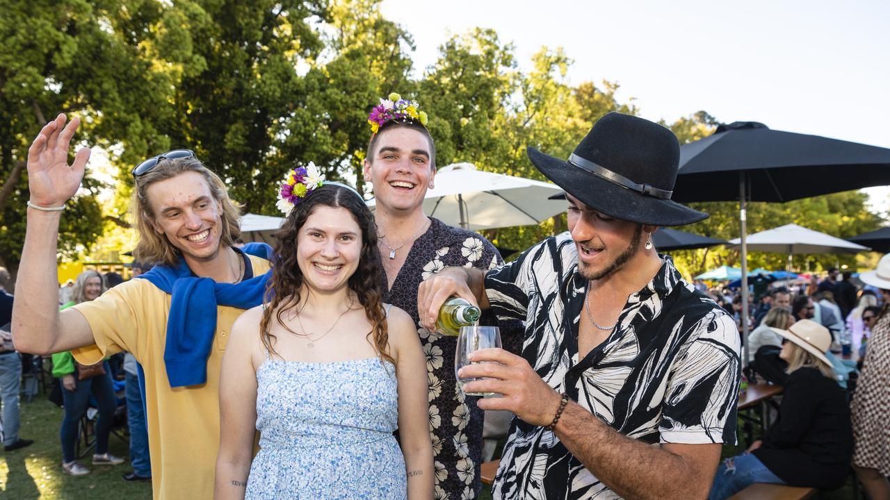 Enjoying the Festival of Food and Wine are (from left) Bryden Schultz, Rose Collier, Leo Hancock and Kahil Harwood, Carnival of Flowers 2022, Saturday, September 10, 2022. Picture: Kevin Farmer