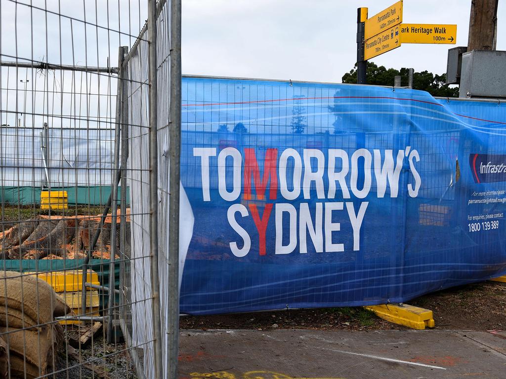 Construction fencing for the Parramatta Light Rail. Picture: Bianca De Marchi