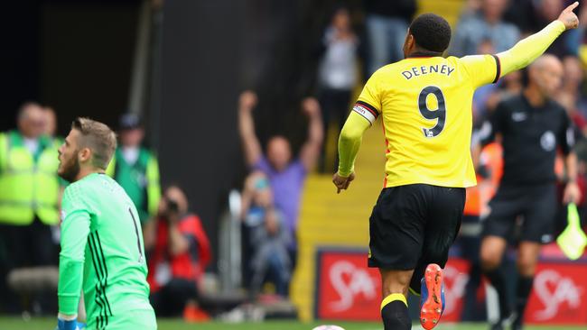 Troy Deeney of Watford celebrates scoring his side’s third goal.