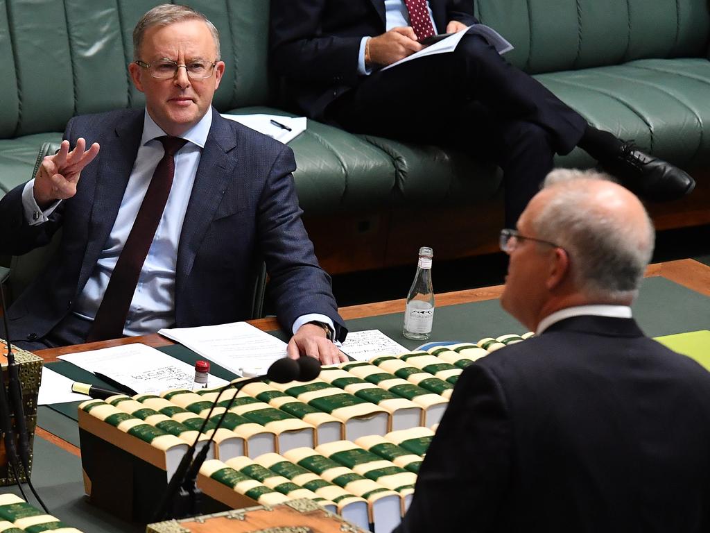 Leader of the Opposition Anthony Albanese reacts to Prime Minister Scott Morrison (below) during Question Time last week. Picture: Sam Moo