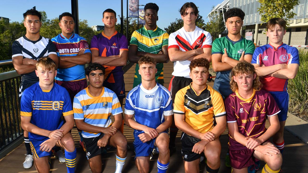 Rugby league regional captains. U/15s. (front) Jake Williams South West, Ira Yeatman Penisula, Lincoln Baker Northern, Adam McSherry Capricornia, Lincoln Coulton NW, (back) Tawa Simpkins Met East, Gazniah To’omaga South Coast, Nathan Thomas Sunshine Coast, Inno Barvani Met West, Parkka Perotta Dowling/Wide Bay, Payton Gifford Wavell/Met North, and Lucas Burrow Darling Downs. Picture: Evan Morgan