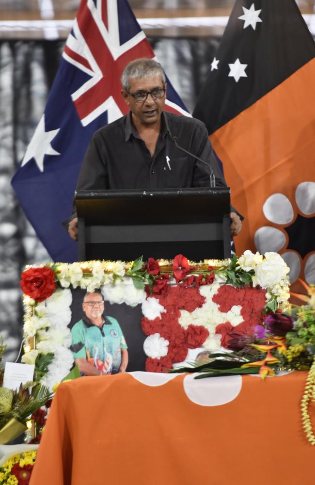 Friend and colleague Samir Raut speaking at the state funeral for Dr Bush Blanasi on Friday, December 15.