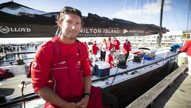 Daniel Oatley after steering Wild Oats XI across the line claims the 2018 line honours in the Sydney to Hobart Yacht Race. Picture: Richard Jupe