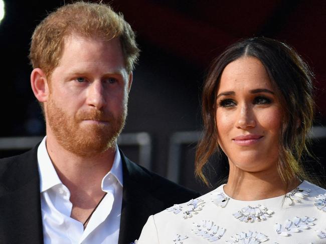 (FILES) Britain's Prince Harry and Meghan Markle speak during the 2021 Global Citizen Live festival at the Great Lawn, Central Park on September 25, 2021 in New York City. A multi-million-dollar deal between a media group run by Britain's Prince Harry and his wife Meghan Markle, and streaming giant Spotify is to end, a report said June 15, 2023. (Photo by Angela Weiss / AFP)