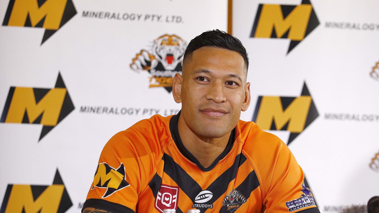 Israel Folau during a media conference which was held in Brisbane. Picture: NCA NewsWire/Tertius Pickard