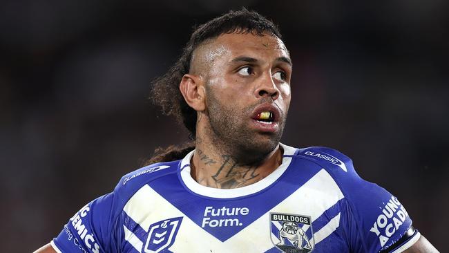 SYDNEY, AUSTRALIA - AUGUST 30:  Josh Addo-Carr of the Bulldogs looks on during the round 26 NRL match between Canterbury Bulldogs and Manly Sea Eagles at Accor Stadium on August 30, 2024, in Sydney, Australia. (Photo by Cameron Spencer/Getty Images)