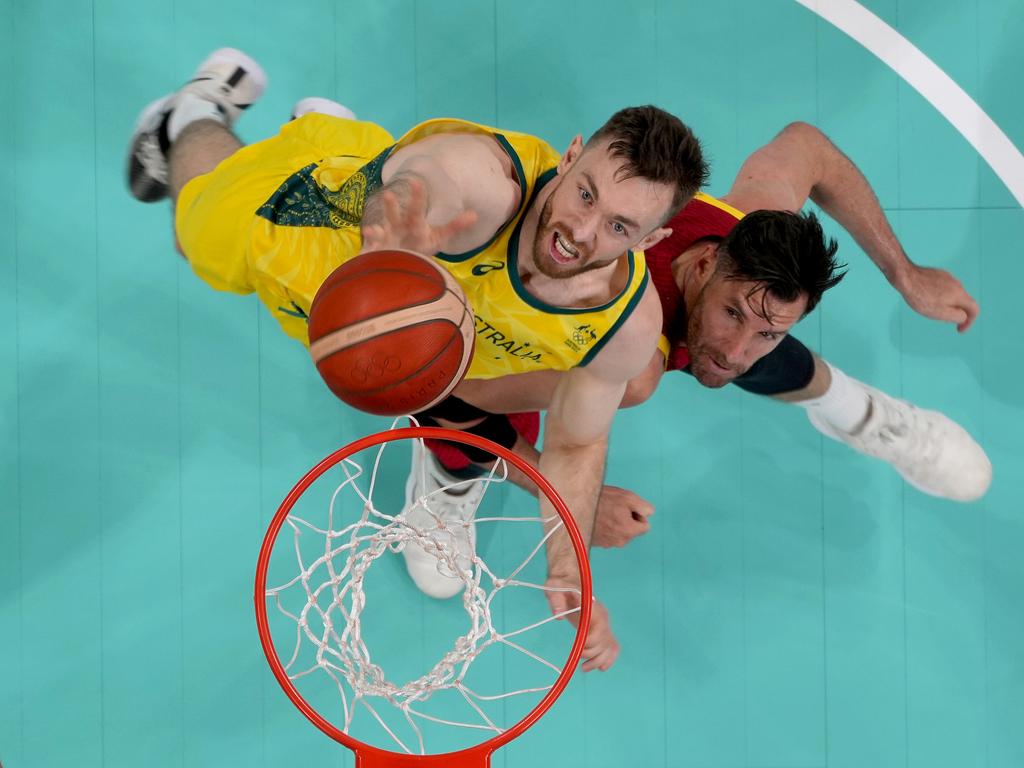 Nick Kay drives to the basket for the Boomers. Picture: Pool