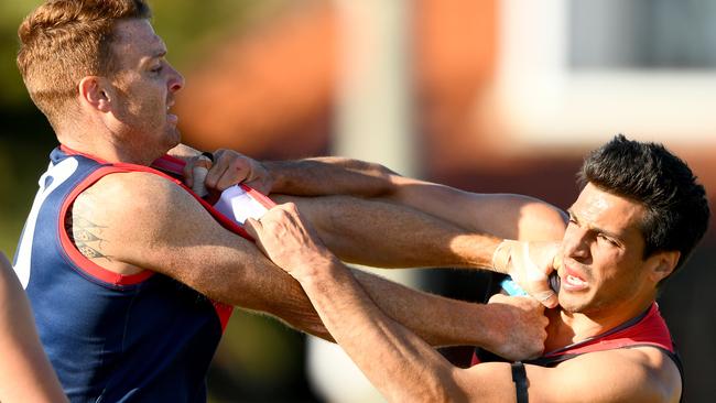 VAFA: Old Brighton and Old Xaverians players wrestle. Picture: Josh Chadwick