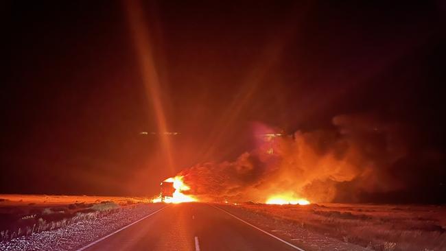 Smoke billows from the truck after it caught fire on Monday morning. Picture: SA Police