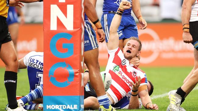 Matthew Dufty of the Dragons celebrates a try. Picture: Mark Kolbe/Getty Images