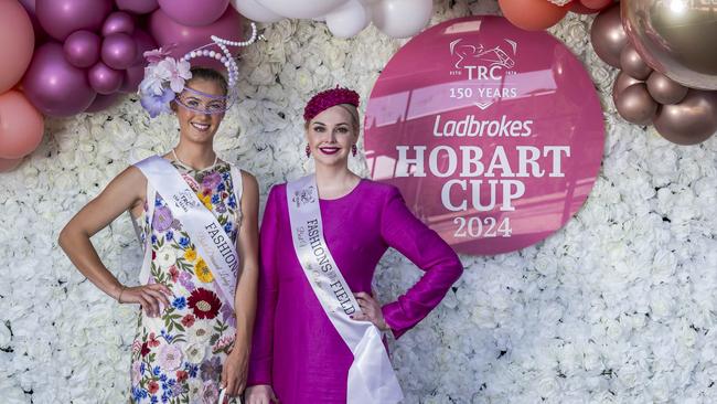 Ashley Meaburn (Best Dress Lady) and Daisy Grace (Best Dress Millinery). Hobart Cup 2024. Picture: Caroline Tan