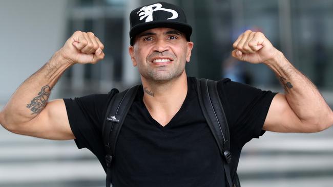 Anthony Mundine arrives at Adelaide Airport ahead of his rematch with Danny Green on February 3. Picture: Calum Robertson
