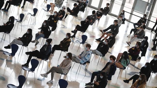 HSC students wait to receive the Covid vaccine at special hubs. Picture: Getty Images