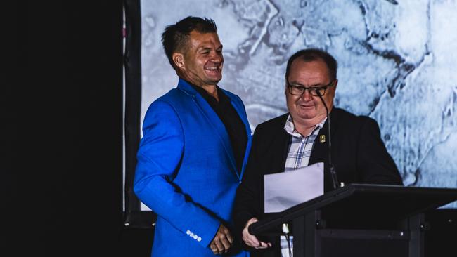 Ken Vowles opening the NRL NT 2022 Frank Johnson Awards with Tony Crowe. Picture: Patch Clapp