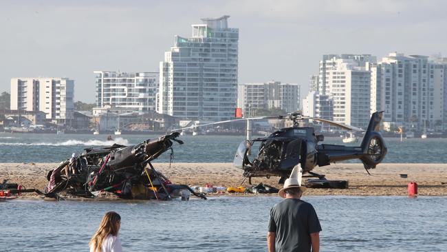 The devastating scene of Monday’s helicopter crash involving Sea World helicopters. Picture: Glenn Hampson