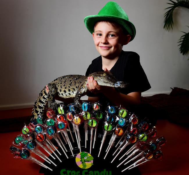 Young entrepreneur Angus Walters is taking Darwin by storm with his ‘Croc Candy’ lollies Picture: JUSTIN KENNEDY