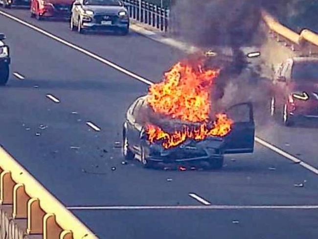 A car fire in the middle of a freeway in Melbourne’s southeast is causing traffic delays for morning commuters. All citybound lanes of Peninsula Link are closed over Frankston-Dandenong Rd due to the incident. The department of transport has warned motorists of delays over 30 minutes. Drivers should exit at Frankston-Dandenong Rd and then immediately return to the freeway. Picture: Supplied