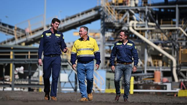 New Acland Mine General Manager Dave O’Dwyer, Queensland Resources Minister Scott Stewart and New Hope Group CEO Rob Bishop at the official opening of the New Acland Stage Three Project. Picture: Lyndon Mechielsen