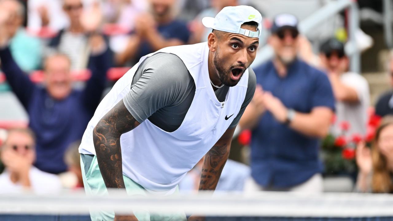 MONTREAL, QUEBEC - AUGUST 12: Nick Kyrgios of Australia reacts after playing the ball over the net for a point against Hubert Hurkacz of Poland during Day 7 of the National Bank Open at Stade IGA on August 12, 2022 in Montreal, Canada. Minas Panagiotakis/Getty Images/AFP == FOR NEWSPAPERS, INTERNET, TELCOS &amp; TELEVISION USE ONLY ==