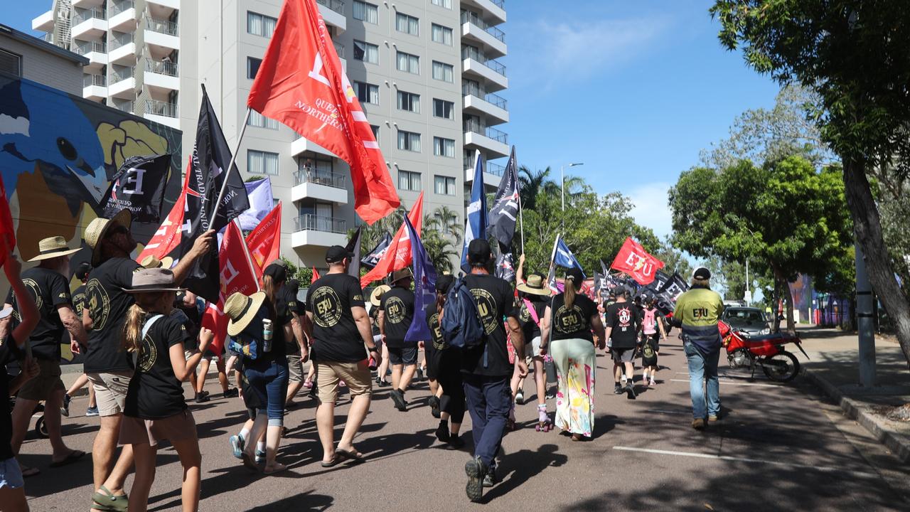 Hundreds of Territorians marched through Darwin for the annual May Day march, celebrating union victories including the eight-hour work week, on Monday, May 5. Picture: Zizi Averill