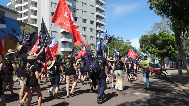 Hundreds of Territorians marched through Darwin for the annual May Day march, celebrating union victories including the eight-hour work week, on Monday, May 5. Picture: Zizi Averill