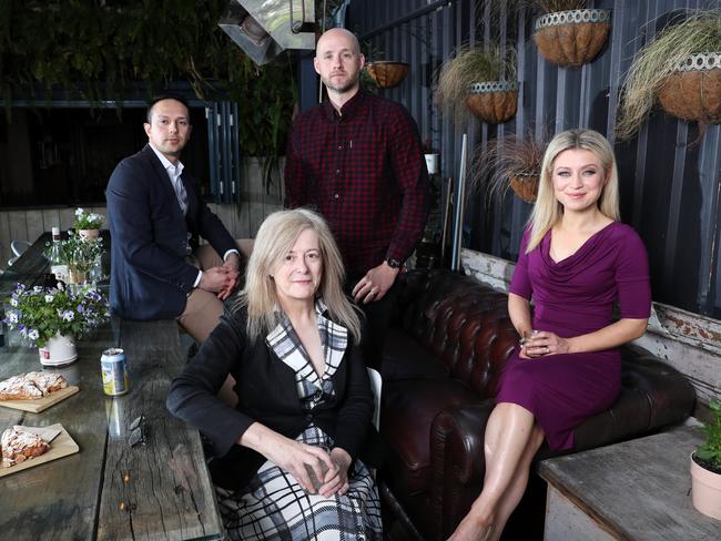 Mental Wellness - Friday, 9th October, 2020 - Caroline McMillen, (black coat) Atman Abrahimzadeh, (suit coat)  Amelia Mulcahy (purple dress) and Jarrod Walsh (Checked shirt) at Peter Rabbit in Hindley Street. Picture: Sarah Reed