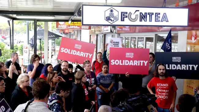 A rally outside Fun Tea last week, drawing attention to the violence against the worker and wage theft. Picture: NCA NewsWire/Kelly Barnes