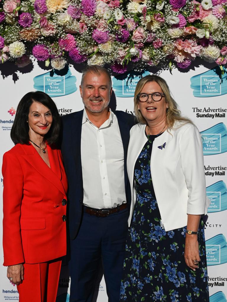 Angela Condous, Dan De Maria and Penny Fowler at The Advertiser Sunday Mail, SkyCity 2023 Woman of the Year Awards. Picture: Naomi Jellicoe