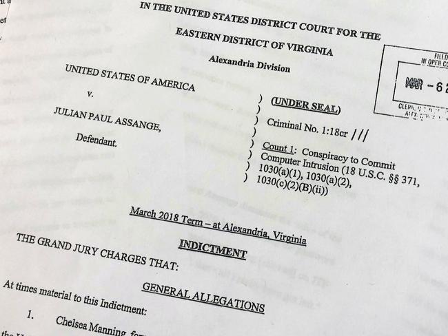 The Grand Jury Indictment against Julian Assange, released by the US Department of Justice, Thursday, April 11, 2019. Picture: AP Photo/Wayne Partlow