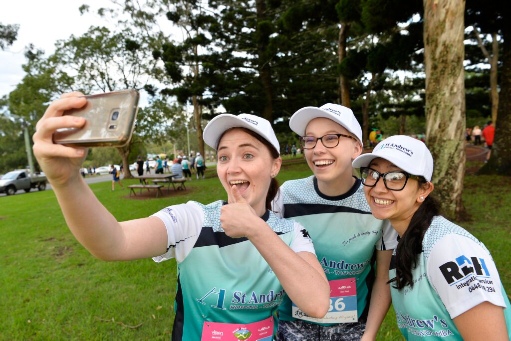 Members of the St Andrew's Hospital team (from left) Jayde Yorkston, Madi McKay and Anita Khatri at Peak2Park 2018, Sunday, March 4, 2018. Picture: Kevin Farmer