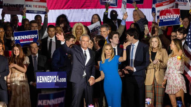 Robert F. Kennedy Jr. and his wife Cheryl Hines on stage after announcing his candidacy for President in Boston, Massachusetts. Hines said their Los Angeles home had been invaded ‘several times’ by trespassers looking for her husband. Picture: AFP