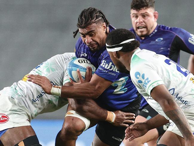 Blues' Hoskins Sotutu during the quarter final win over Fijian Drua. Picture: David Rowland / AFP